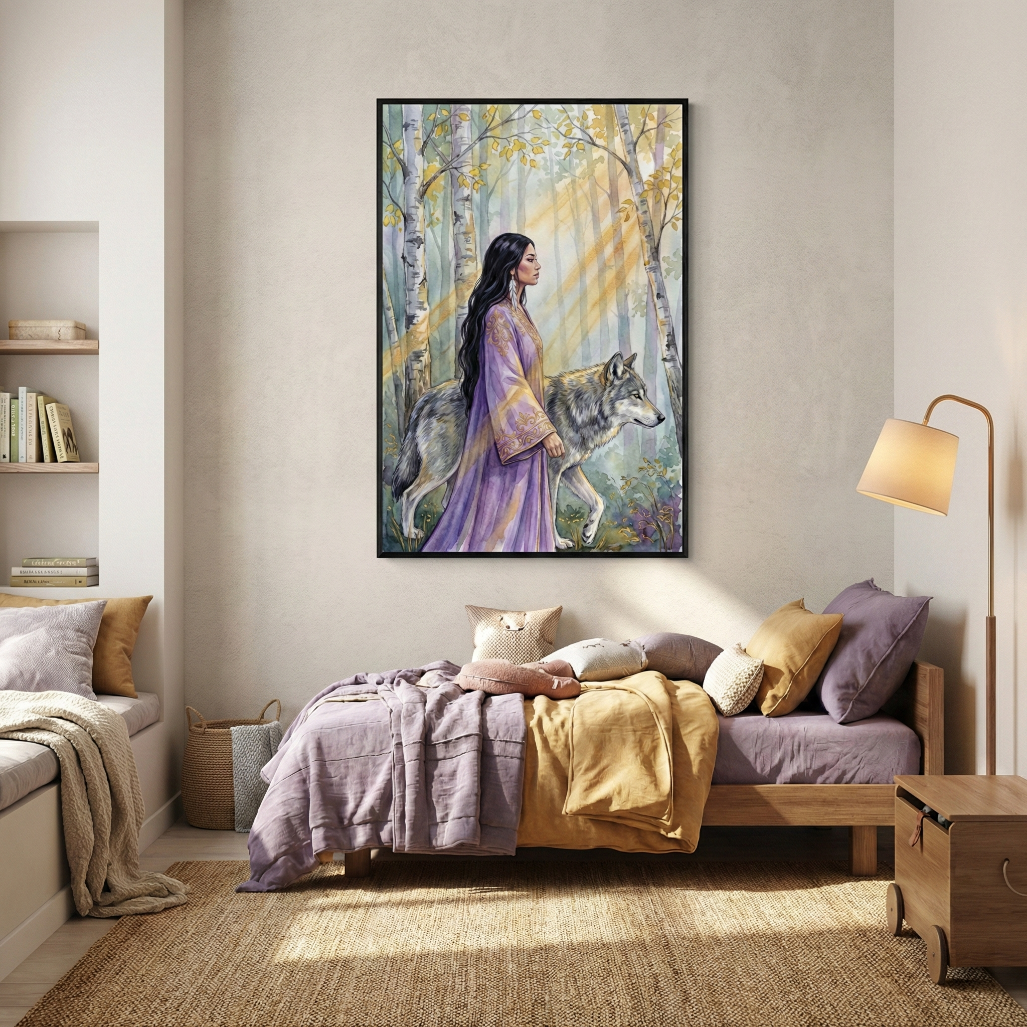 A cozy bedroom features a large, framed painting of a woman in a flowing purple dress walking alongside a wolf in a sunlit forest. The bed is adorned with soft, layered bedding in shades of lavender and mustard, complemented by a woven rug and a floor lamp. Shelves with books and a basket add to the room's inviting atmosphere.