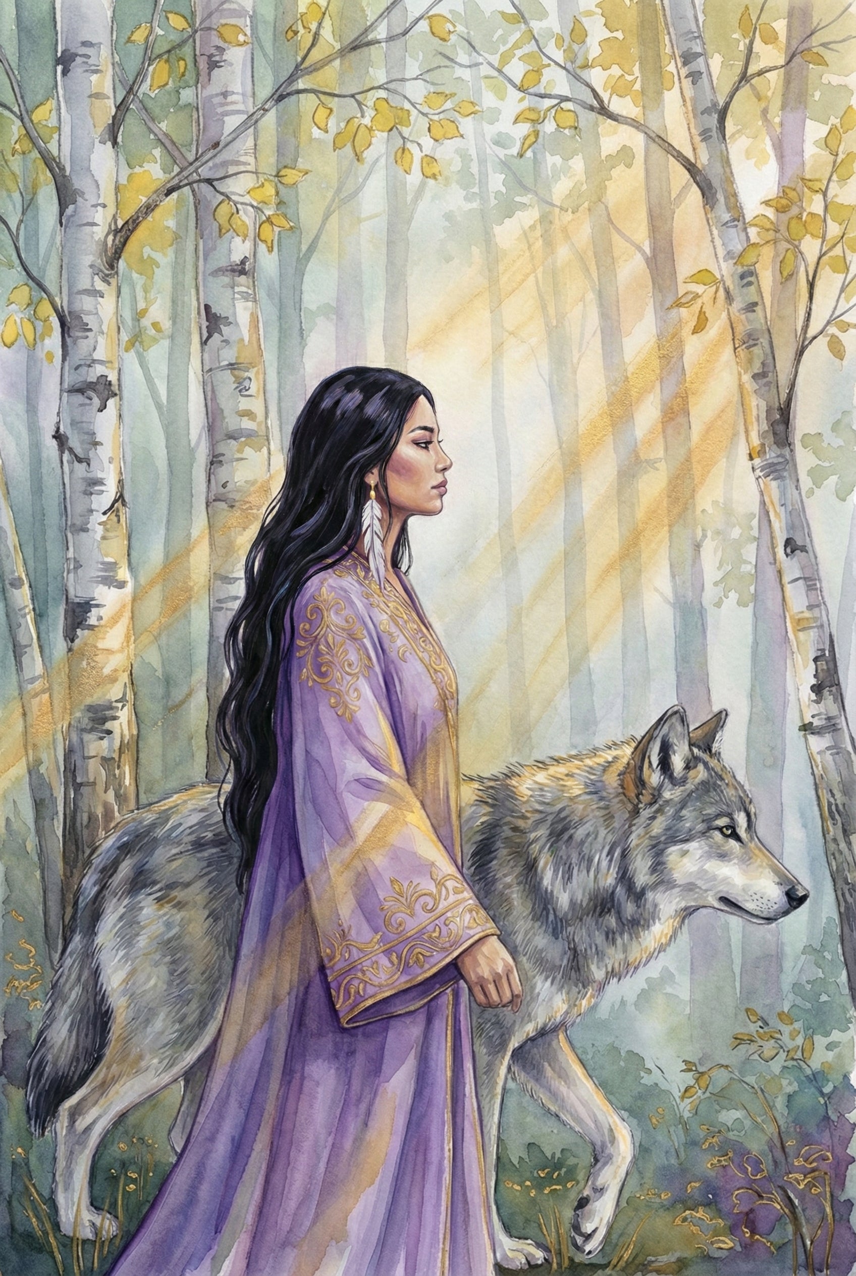 A watercolor illustration depicts a woman with long, dark hair walking alongside a large grey wolf through a forest of birch trees. The woman is shown in profile, wearing a flowing purple robe adorned with intricate gold patterns and a single white feather earring. Golden sunbeams filter through the yellow autumn leaves and slender white tree trunks, casting a soft glow over the scene. Both the woman and the wolf look forward with a sense of calm and companionship.