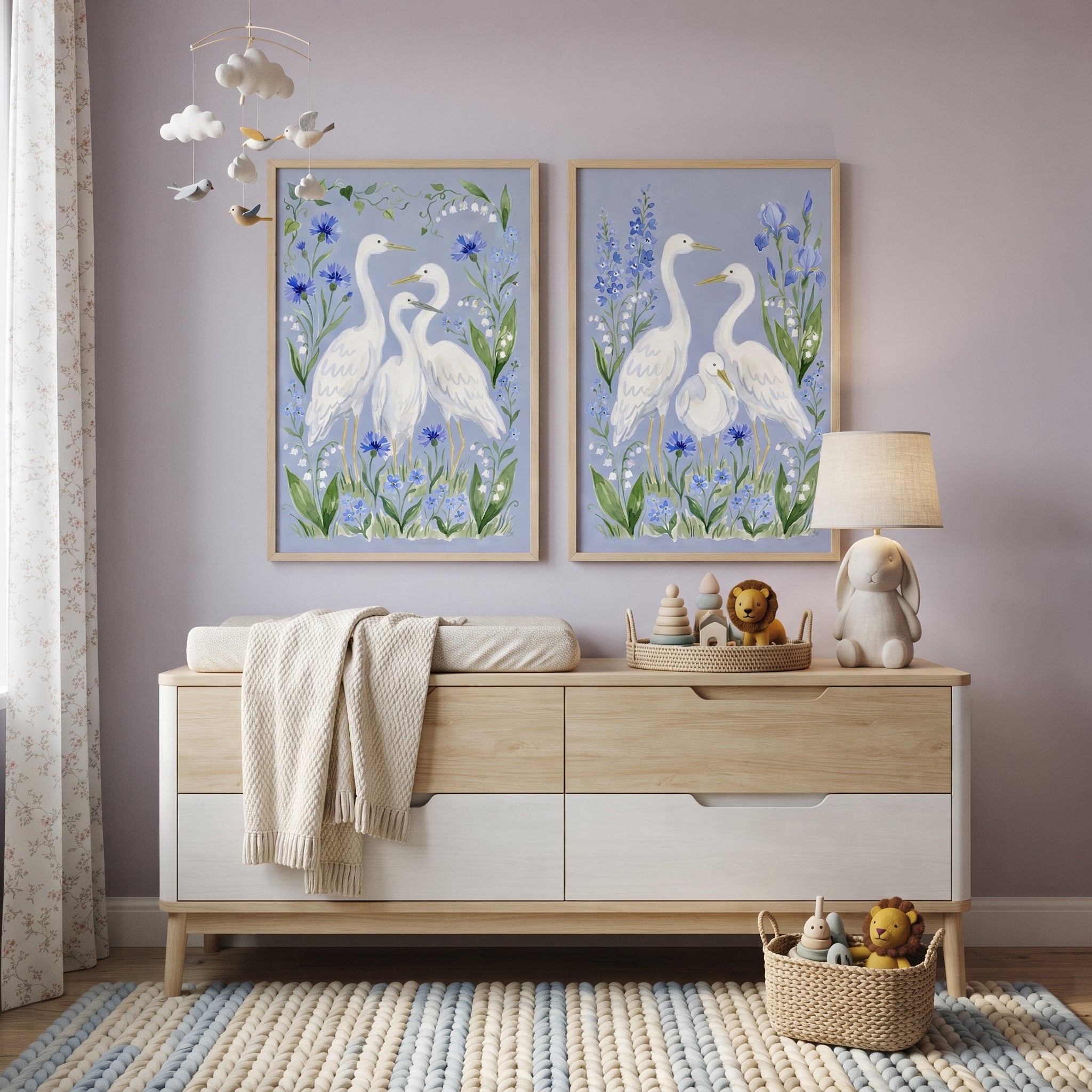 Forget Me Not Heron Bird Wall Art Set of 2 - Ethereal Blue Garden