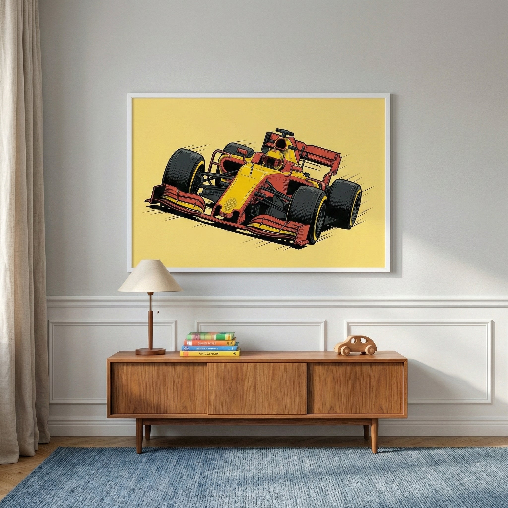 A vibrant Formula 1 race car artwork adds excitement to a modern, child-friendly space. The red and yellow car pops against the soft yellow backdrop, tying in with playful touches like a wooden toy car and stacked books.