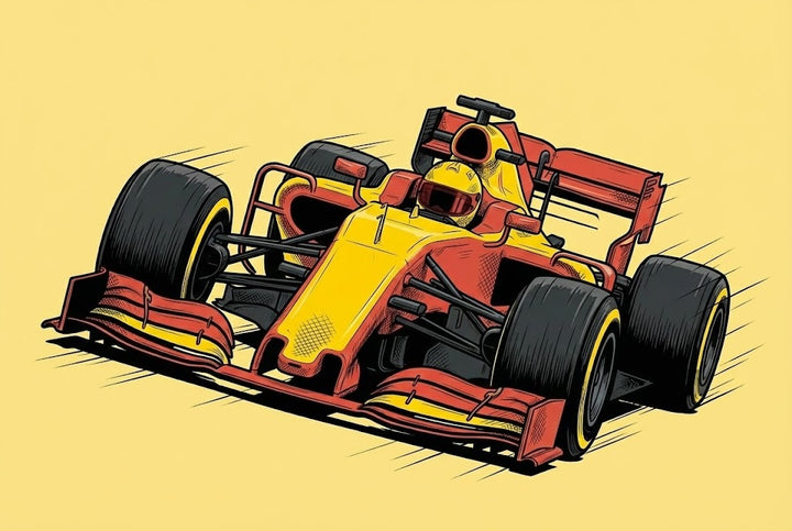 Bold illustration of a red and yellow Formula 1 race car speeding forward, with motion lines emphasizing its velocity. The background is a solid pale yellow, making the vibrant car and dynamic pose stand out.