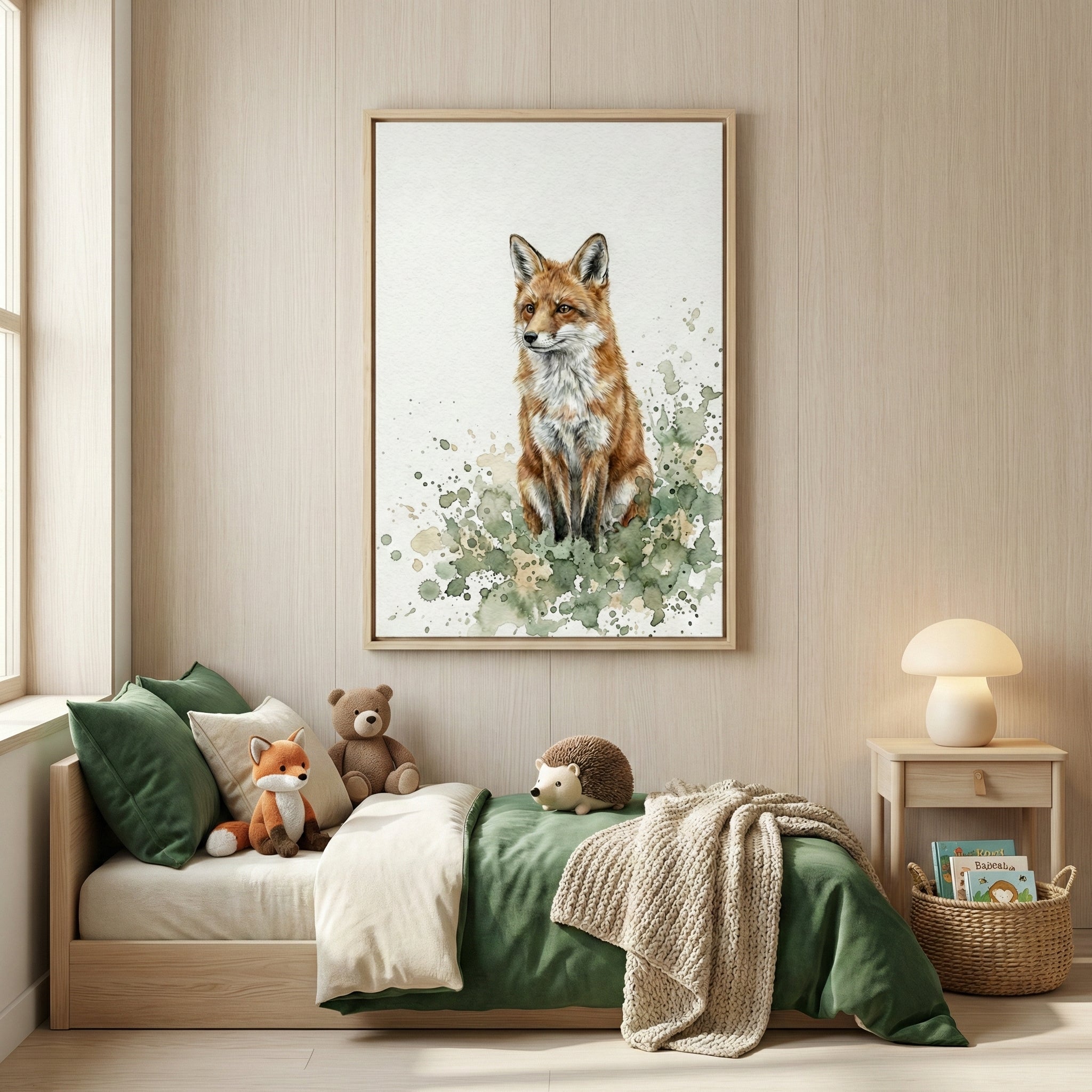 Watercolor fox art framed on a wood-paneled wall above a children's bed with green linens and plush toys.