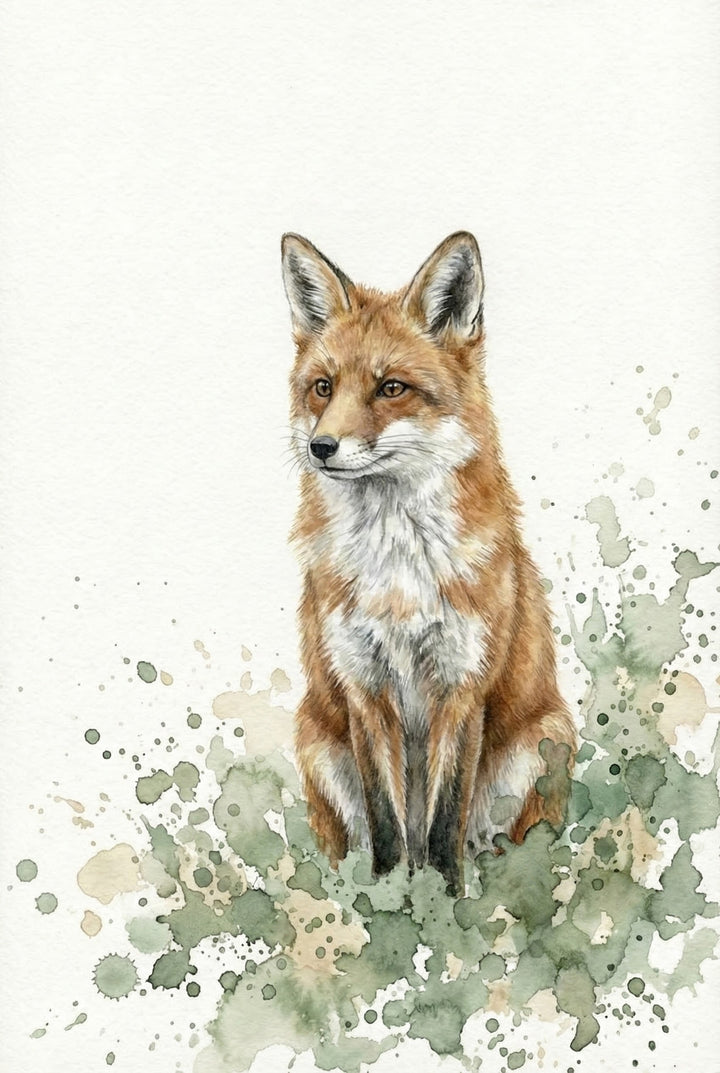Close-up of a framed watercolor fox.