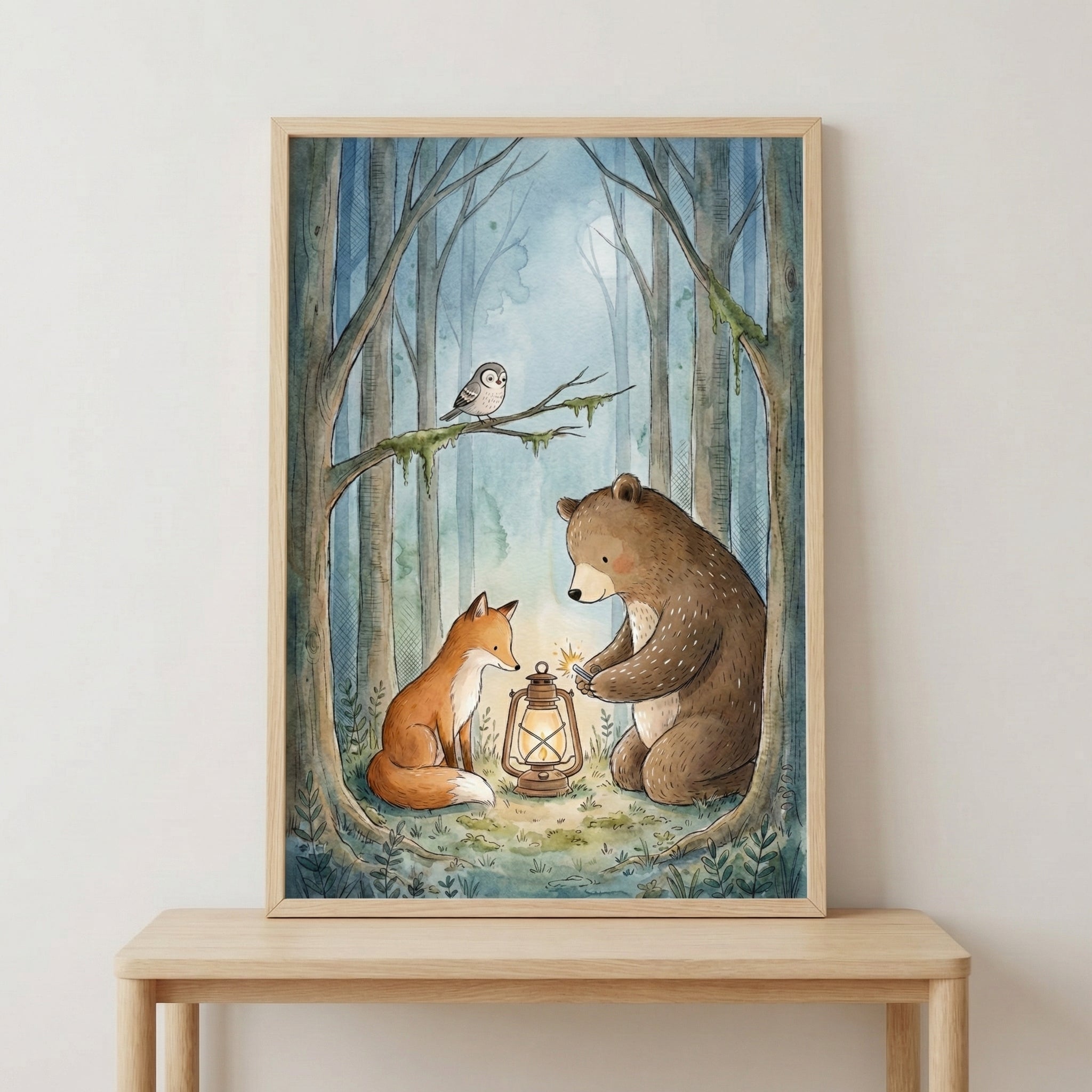 Watercolor-style artwork of a bear and fox sitting on a forest floor around a glowing lantern as an owl watches from a branch. The deep blue tones and soft lighting create a quiet nighttime storybook feel.