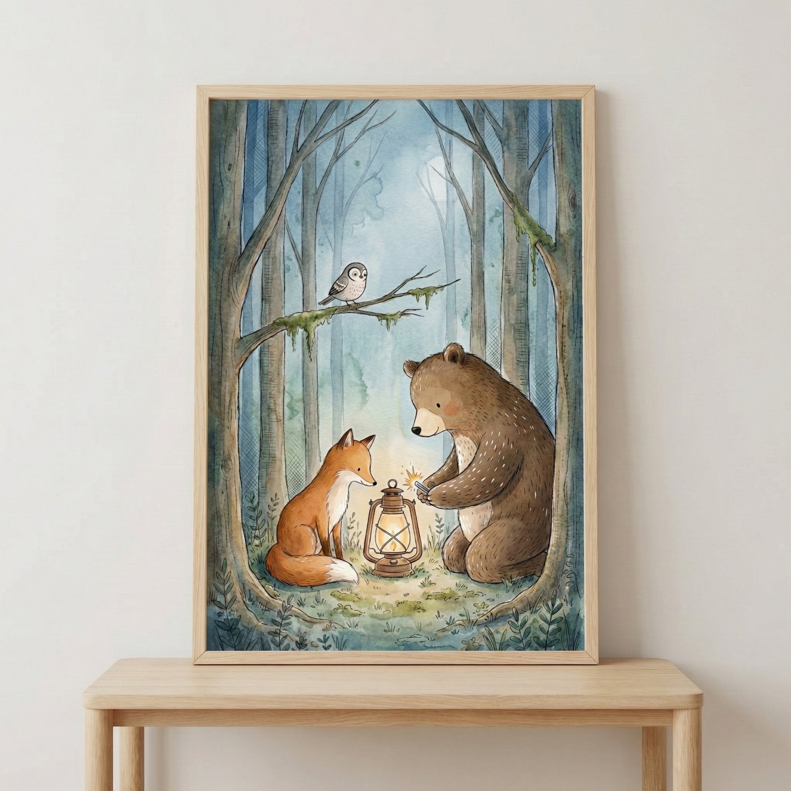 Watercolor-style artwork of a bear and fox sitting on a forest floor around a glowing lantern as an owl watches from a branch. The deep blue tones and soft lighting create a quiet nighttime storybook feel.