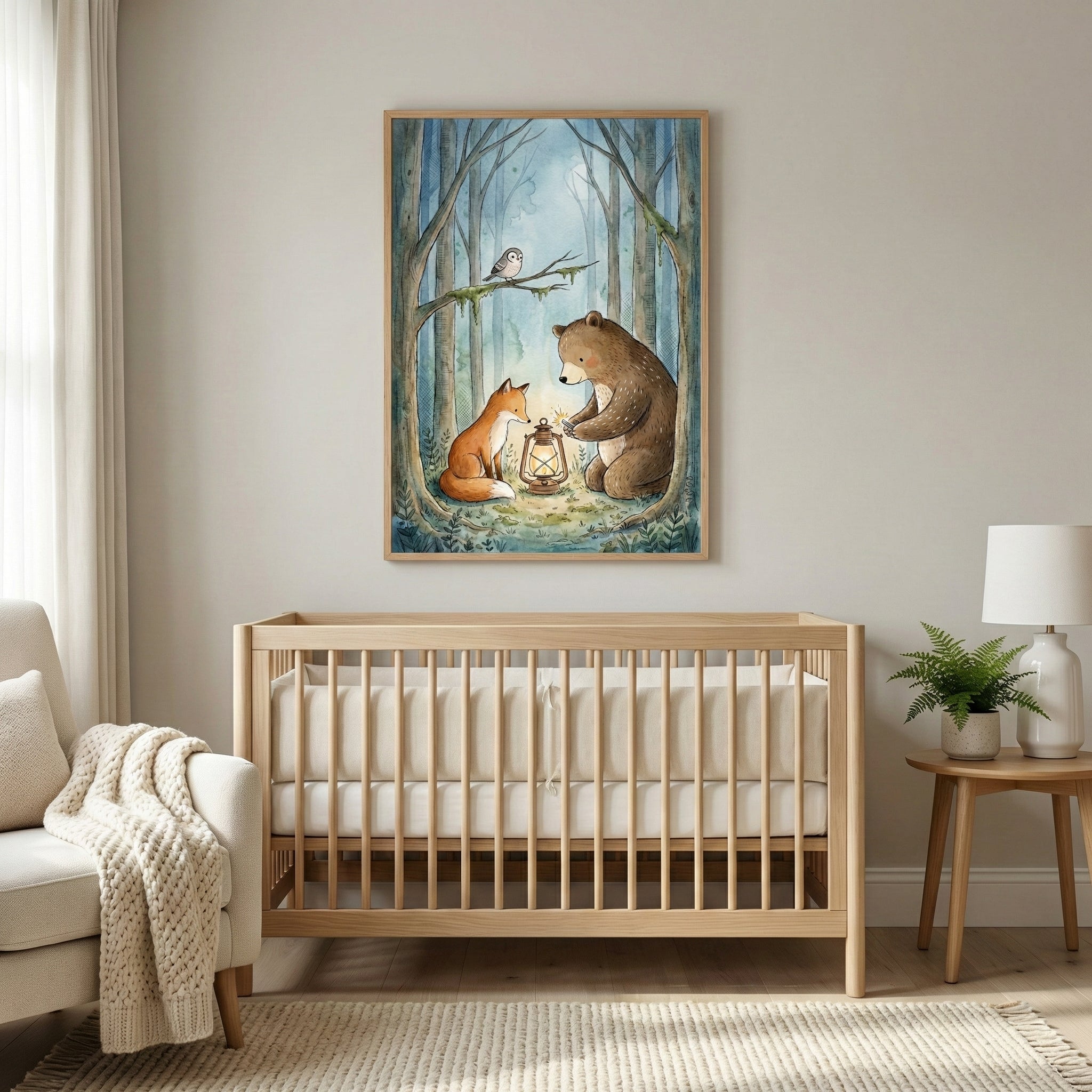 Framed forest friends illustration showing a glowing lantern scene between a bear and fox, styled above a wooden crib in a minimal and serene nursery space.