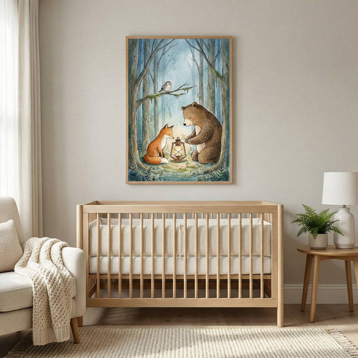 Framed forest friends illustration showing a glowing lantern scene between a bear and fox, styled above a wooden crib in a minimal and serene nursery space.