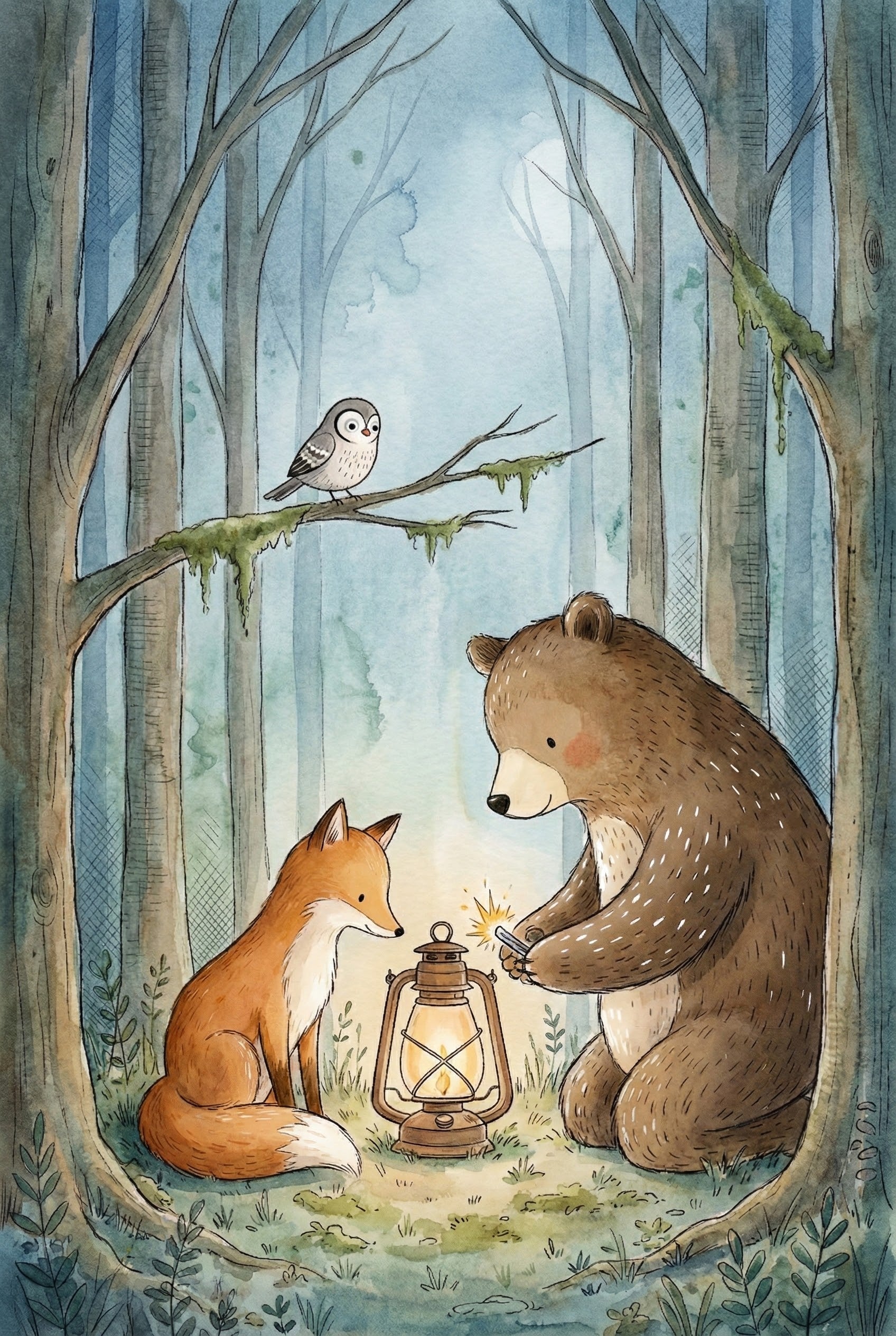 In a misty moonlit forest, a bear kneels to light a lantern while a fox sits beside it and a small bird perches on a mossy tree branch above. The cozy scene glows warmly amid tall trees and soft underbrush, capturing a quiet woodland moment.