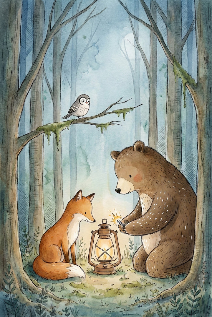 In a misty moonlit forest, a bear kneels to light a lantern while a fox sits beside it and a small bird perches on a mossy tree branch above. The cozy scene glows warmly amid tall trees and soft underbrush, capturing a quiet woodland moment.