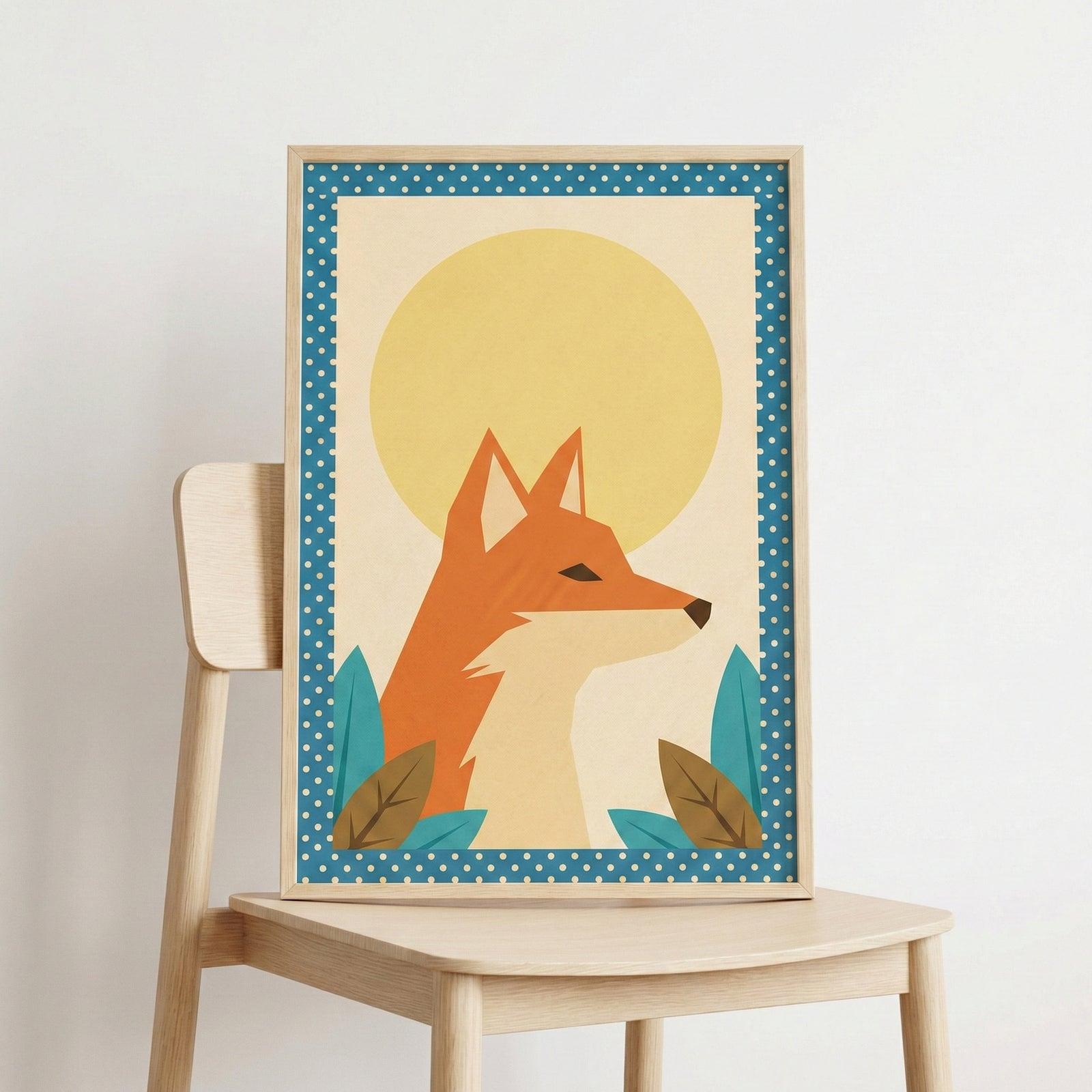A framed geometric illustration of a fox's head in profile, set against a large pale yellow circle and a cream background. The fox is depicted in shades of orange and cream with stylized teal and brown leaves at the base. The illustration features a blue border with white polka dots and is displayed in a light-colored wooden frame resting on a matching wooden chair.