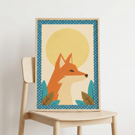 A framed geometric illustration of a fox's head in profile, set against a large pale yellow circle and a cream background. The fox is depicted in shades of orange and cream with stylized teal and brown leaves at the base. The illustration features a blue border with white polka dots and is displayed in a light-colored wooden frame resting on a matching wooden chair.
