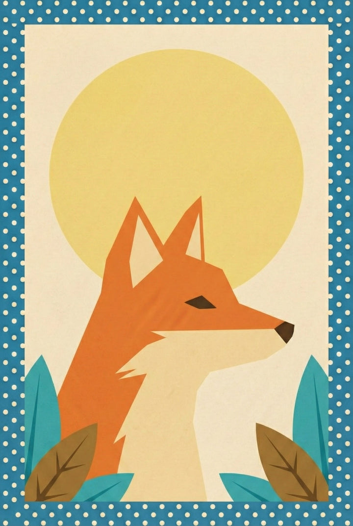 A minimalist illustration of a red fox in profile with pointed ears and a white chest, framed by plants and a huge golden sun.
