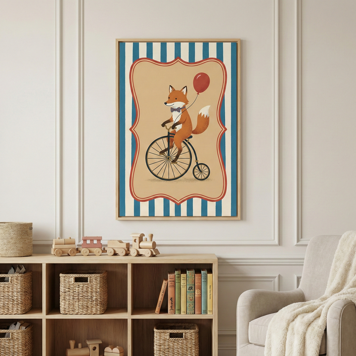 A framed illustration of a fox riding a vintage bicycle hangs on a neutral wall. The fox wears a small blue bow tie and holds a red balloon. The artwork features a scalloped beige center set against blue and white vertical stripes. Below the frame, a wooden shelf contains woven baskets, colorful books, and a wooden toy train. A portion of a light-colored armchair with a fuzzy blanket is visible on the right side.
