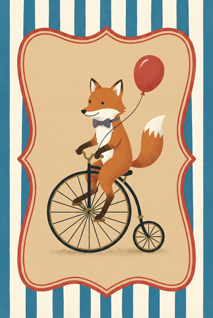 A fox in a red and blue bow tie rides a penny-farthing bicycle while holding a red balloon, framed in a retro border with vertical stripes.
