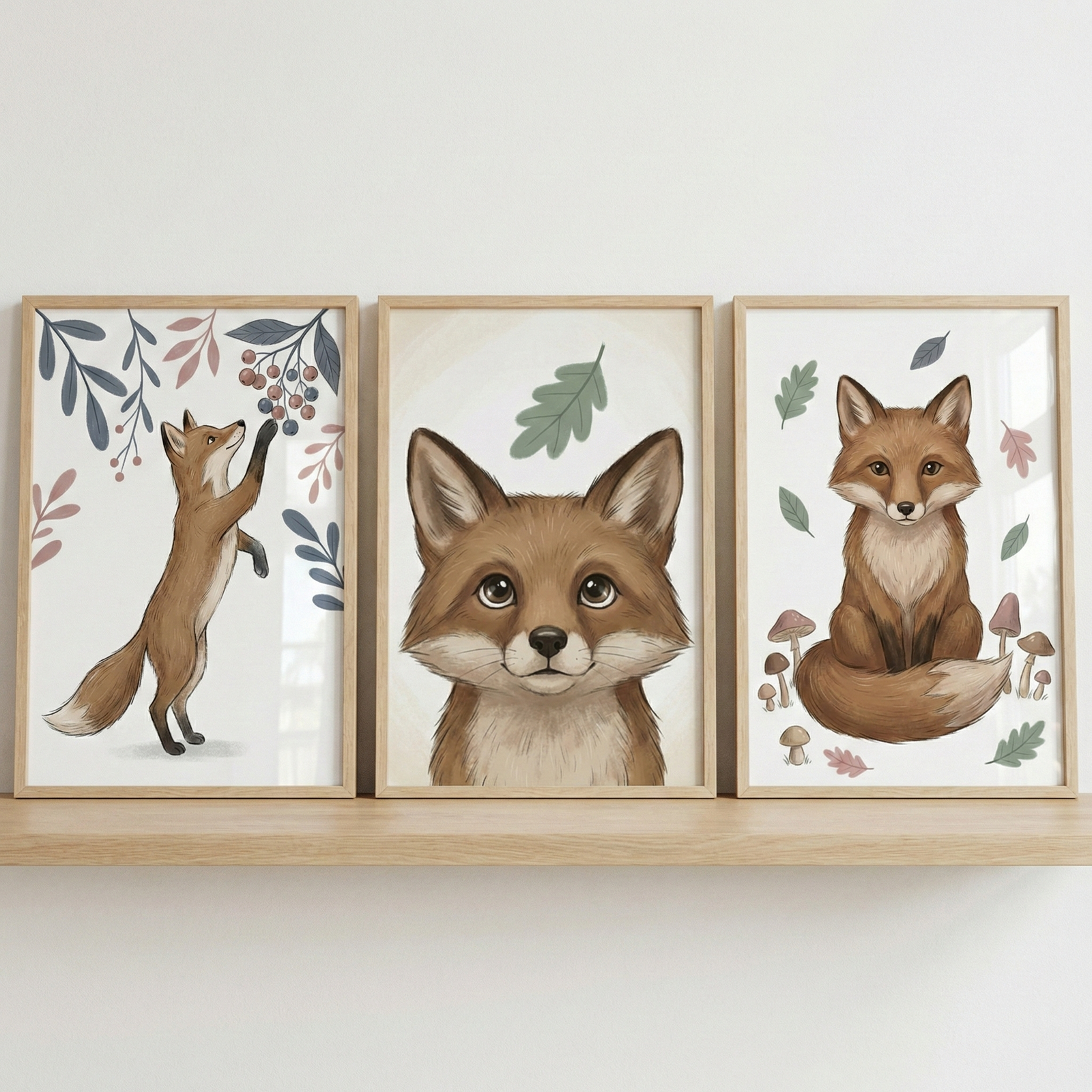 Three framed illustrations of a cute, whimsical brown fox are displayed side-by-side on a light wood shelf against a plain white wall. The frames are made of light-toned wood. The illustration on the left shows the fox on its hind legs reaching for berries. The center illustration is a close-up portrait of the fox's face with large, dark eyes. The illustration on the right features the fox sitting down with its tail curled around its paws, surrounded by small mushrooms and leaves.