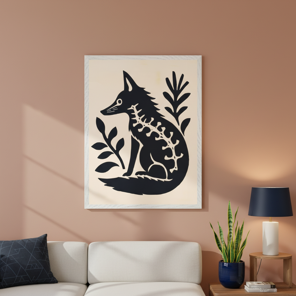 Modern living room with a white sectional sofa. A large framed print of a black fox silhouette with a white skeleton and plants on a light beige background hangs centered above the sofa.