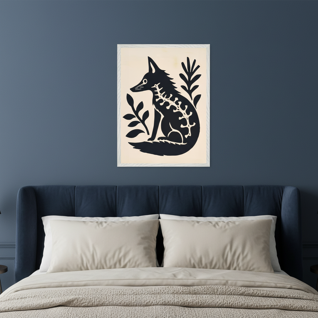 Modern bedroom with a dark blue upholstered bed and light cream bedding. A framed black and cream folk art style illustration of a sitting fox with skeletal details and foliage hangs centered above the bed.