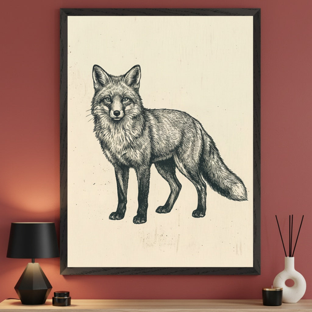 Reddish-brown modern room with a light wooden console. A large black-framed print of a standing fox in a detailed black and white etching style hangs centered above the console, alongside a black geometric lamp and white reed diffuser.