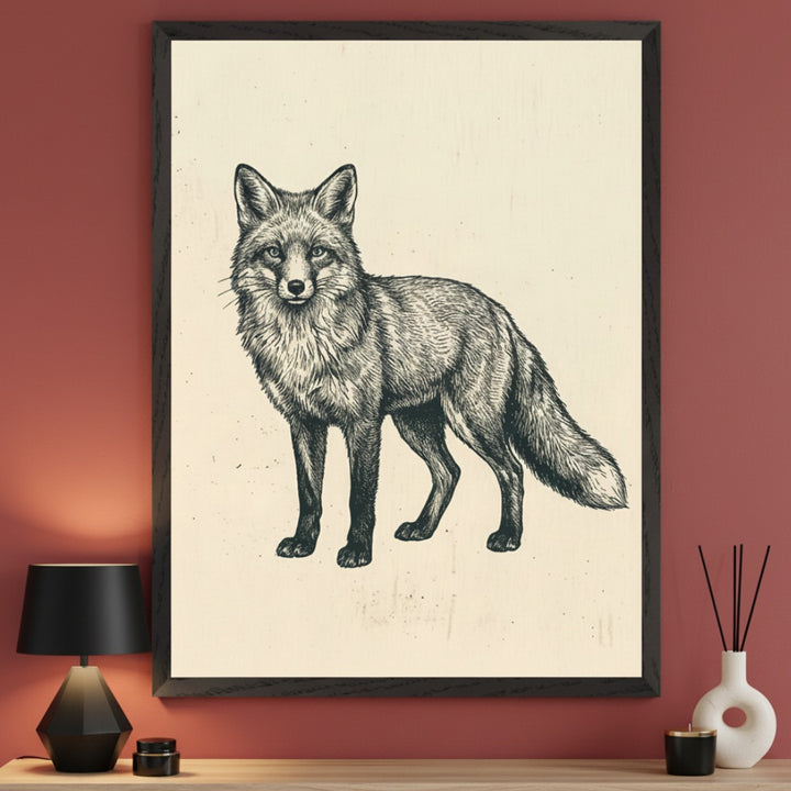 Reddish-brown modern room with a light wooden console. A large black-framed print of a standing fox in a detailed black and white etching style hangs centered above the console, alongside a black geometric lamp and white reed diffuser.