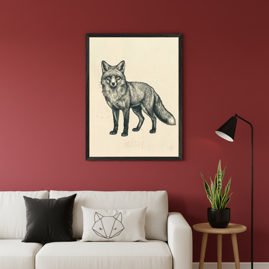 Modern living room with a red wall. A black-framed print of a standing fox drawing hangs above a white sofa. The sofa has a black pillow and a white fox-head pillow. A black floor lamp and a snake plant on a wood side table are on the right.