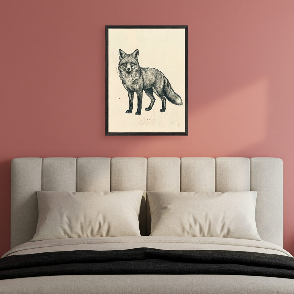 Modern bedroom with a beige bed and white pillows against a dusty rose wall. A black-framed print of a standing fox in a detailed sketch style hangs above the bed, slightly right of center.
