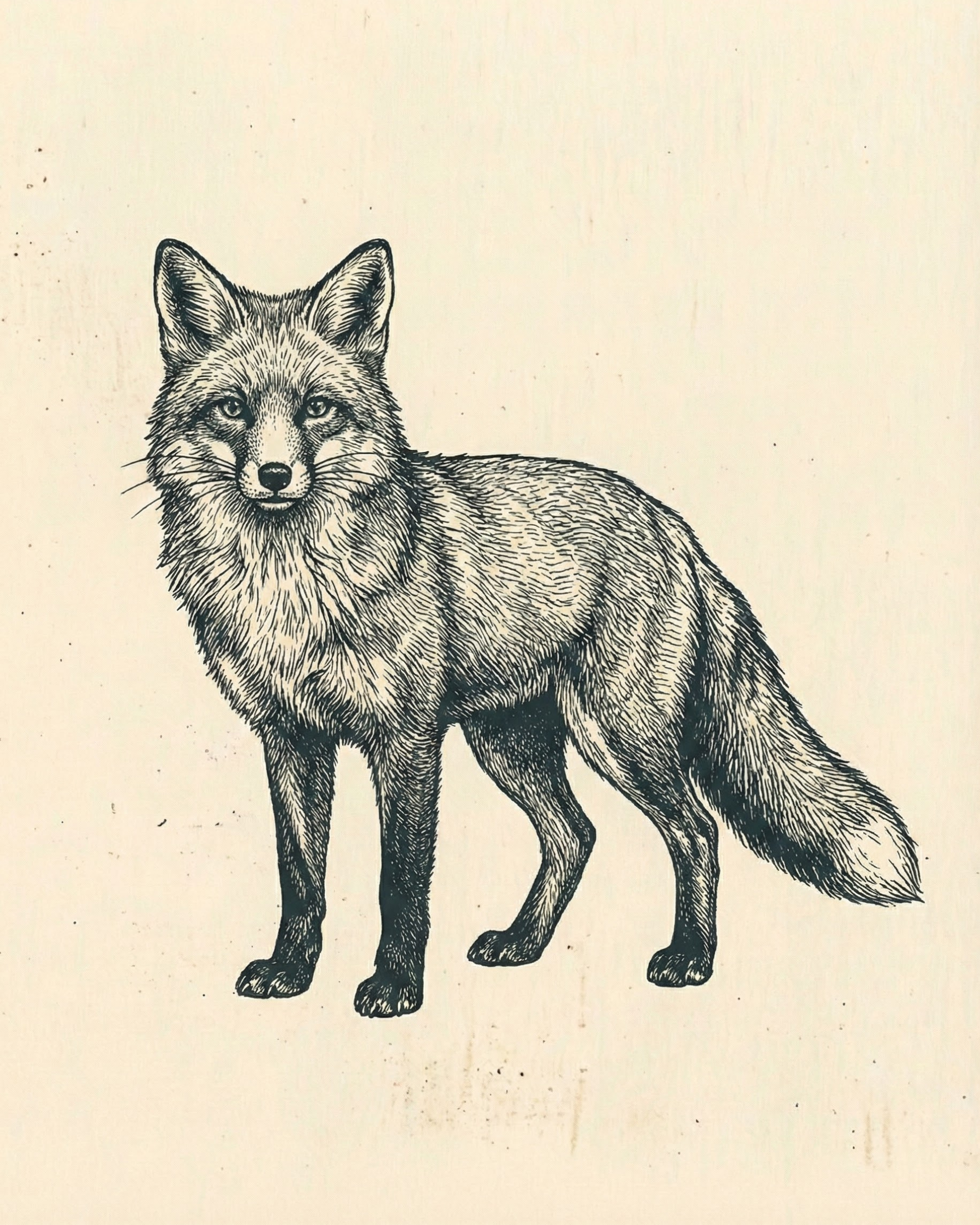 Vintage-style black and white drawing of a fox standing alert with textured fur and a confident gaze on a beige background

