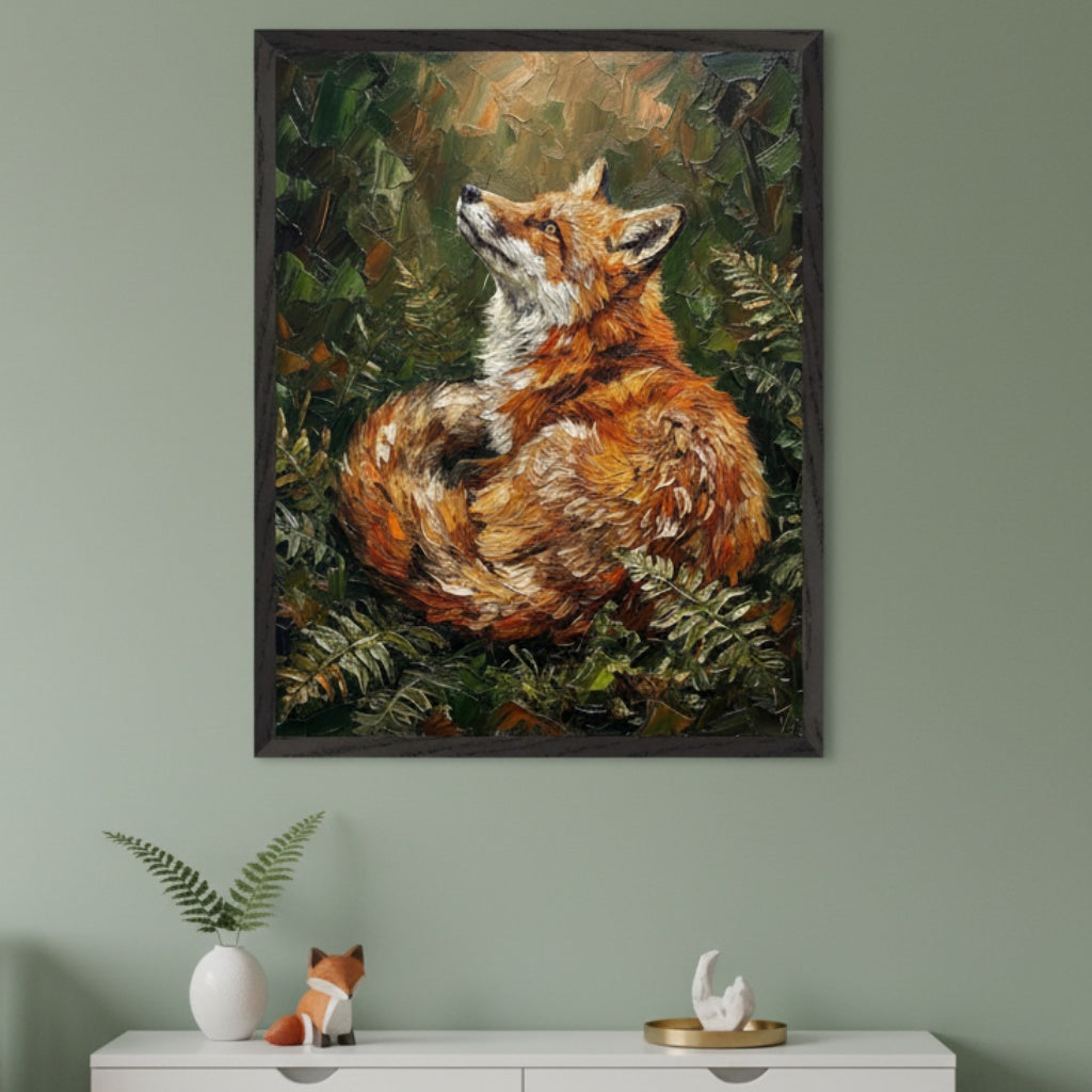 Modern room with a sage green wall. A large framed impasto oil painting of a curled-up fox looking up in a forest of ferns hangs above a white dresser. A vase with a fern, a fox figurine, and a sculpture are on the dresser.
