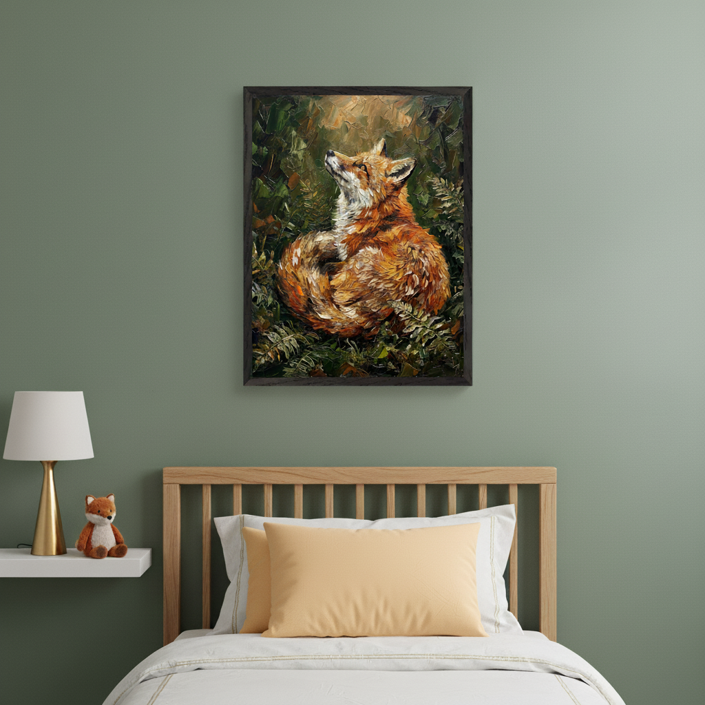 Bedroom with a wooden headboard bed and a white floating nightstand. A framed impasto oil painting of a fox curled in foliage, looking up, hangs above the bed. A gold lamp and fox plush sit on the nightstand.