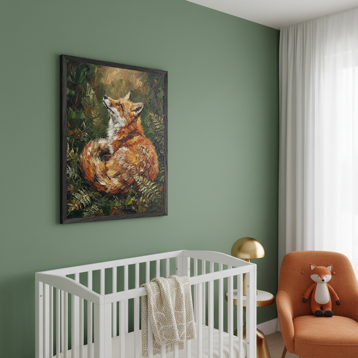 Modern nursery with green walls. A large framed impasto painting of a curled-up fox looking up amidst ferns hangs above a white crib. An orange armchair with a fox plushie sits nearby.