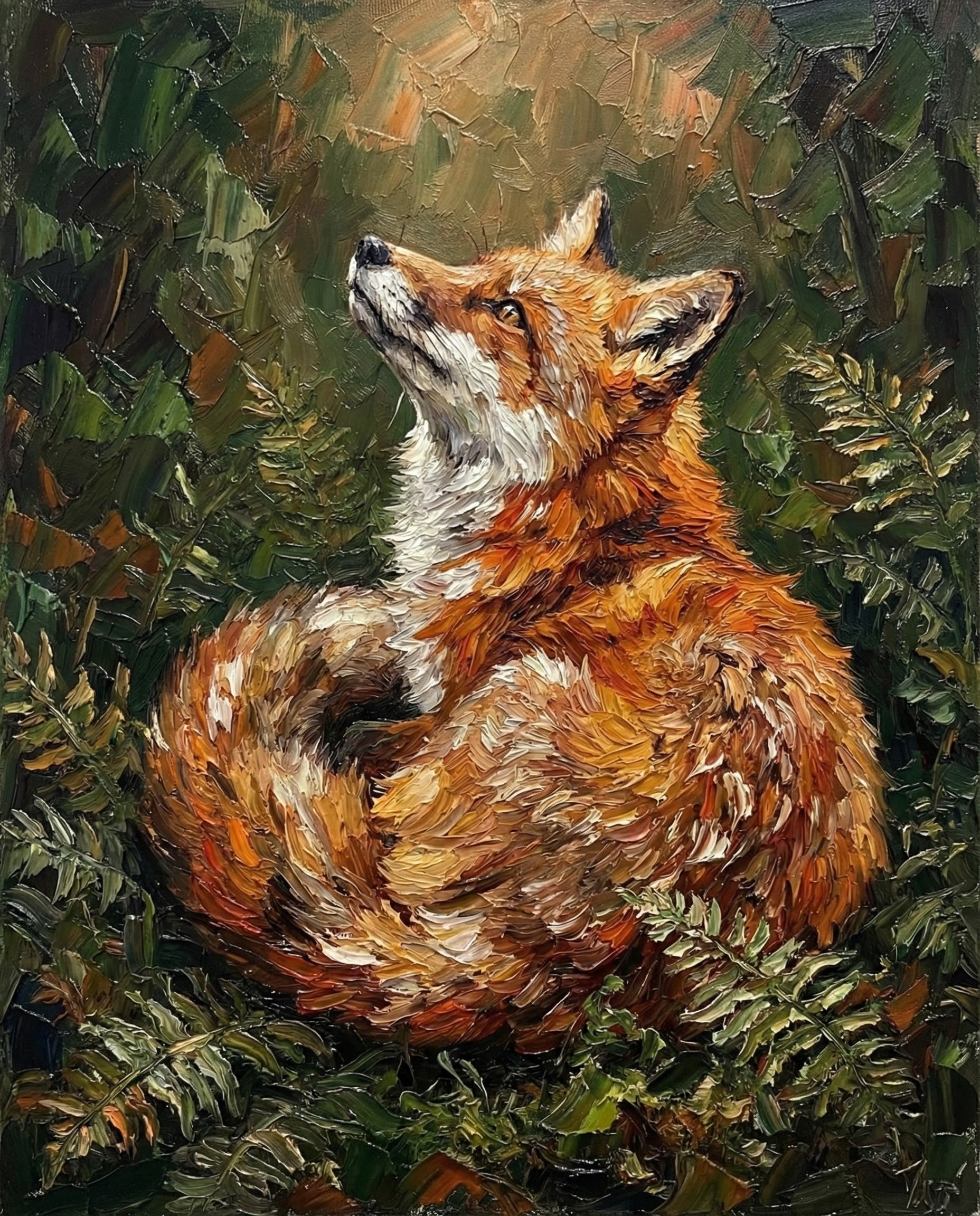 A vivid oil painting of a red fox curled up among green ferns, looking upward toward a warm glow. The detailed fur and rich brush textures emphasize the fox’s calm, alert expression in its forest habitat.
