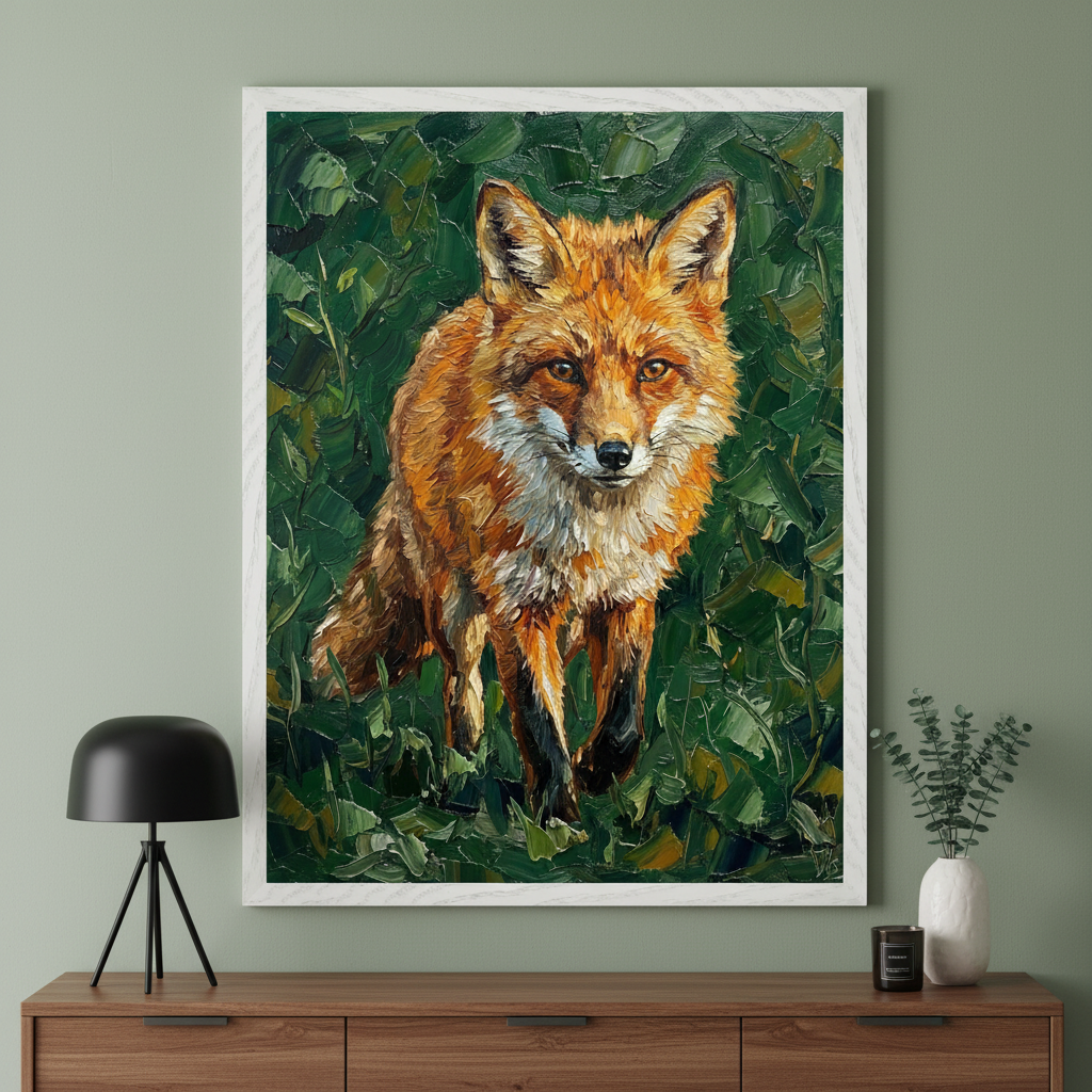 Modern room with a dark wooden dresser. A large white-framed impasto oil painting of a red fox in green foliage hangs centered above. A black lamp and vase with sprigs are on the dresser.