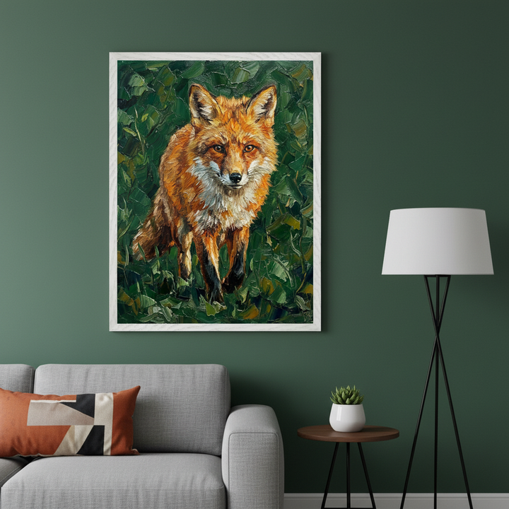 Modern living room with a gray sofa, a small side table, and a black floor lamp. A large framed oil painting of a red fox standing in green foliage hangs on a dark green wall, above the side table and to the left of the lamp.