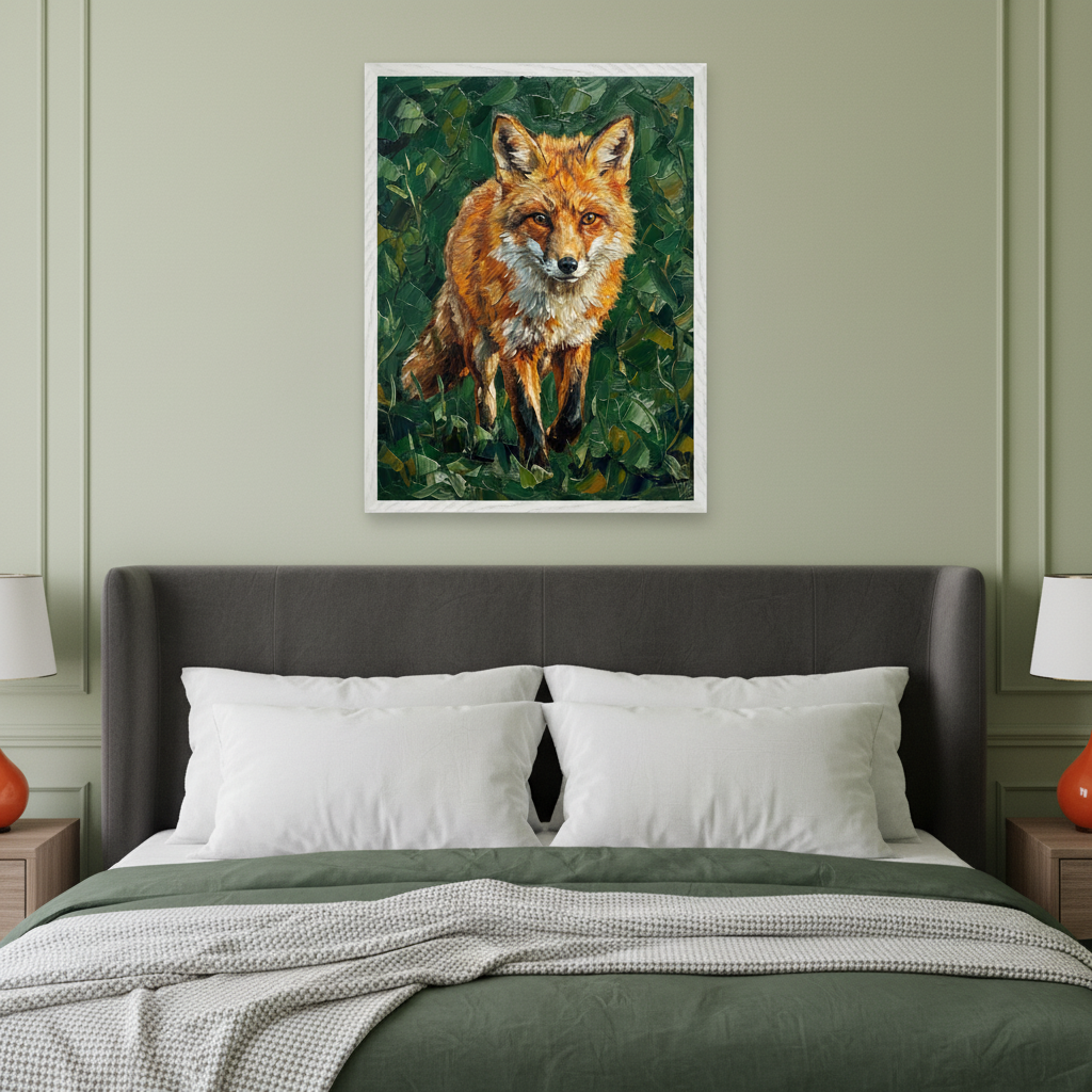 Modern bedroom with a dark gray upholstered bed. A large framed impasto painting of a red fox standing in green foliage hangs centered above the bed's headboard.
