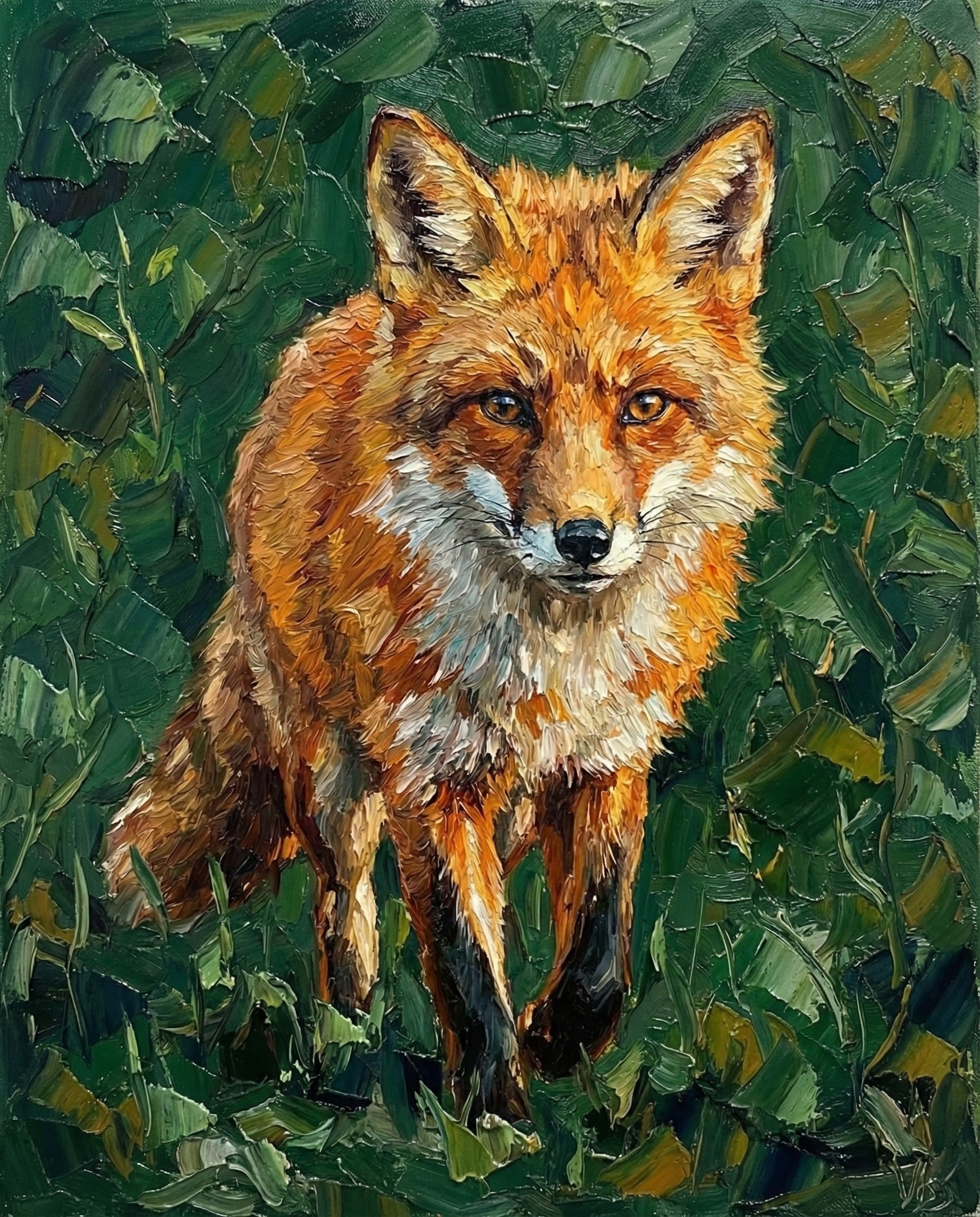 A striking portrait of a red fox standing with direct eye contact, surrounded by textured green leaves. The oil painting style enhances the vivid orange fur and poised, confident stance of the animal.
