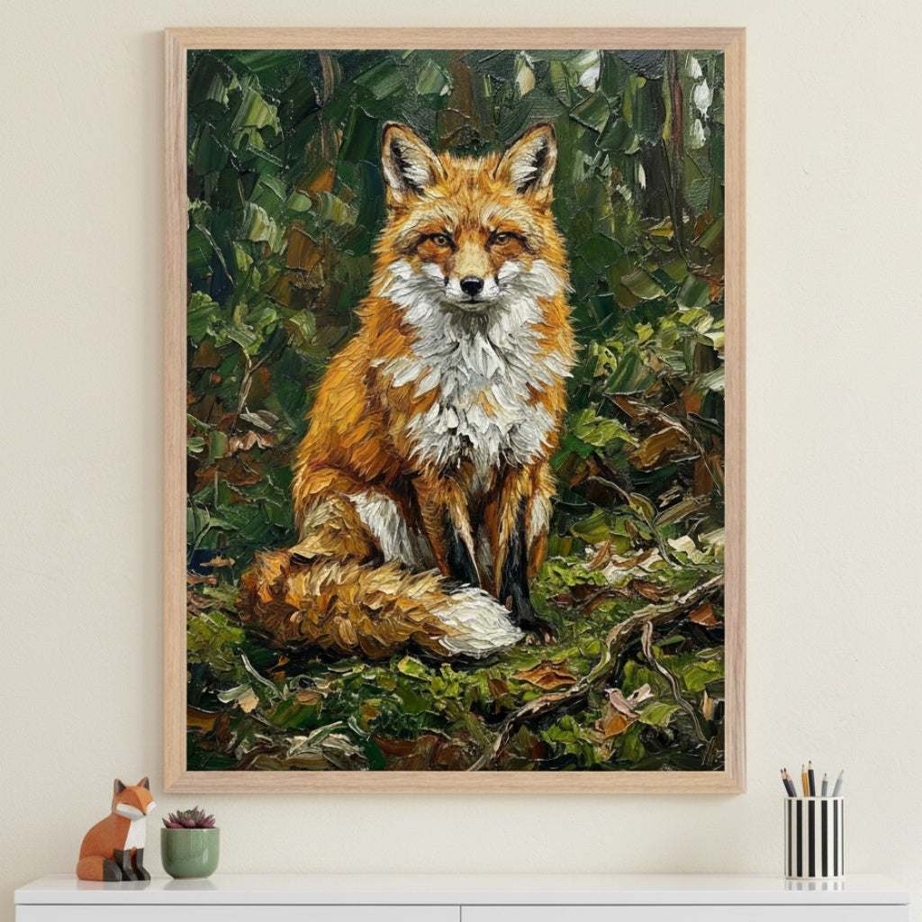 Modern room with a white dresser. A large framed impasto painting of a red fox sitting in a forest hangs centered above the dresser. A wooden fox figurine and a succulent are on the dresser.