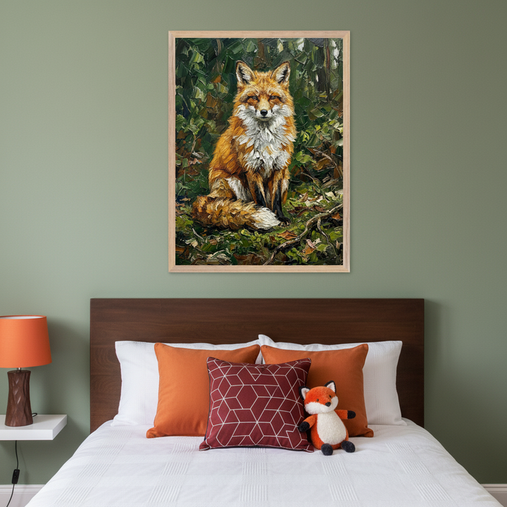 Modern bedroom with a dark wood bed against a green wall. A large framed impasto oil painting of an orange fox sitting in a lush green forest hangs centered above the bed. White bedding, orange pillows, and a fox plush are on the bed. A lamp is on a white floating nightstand.