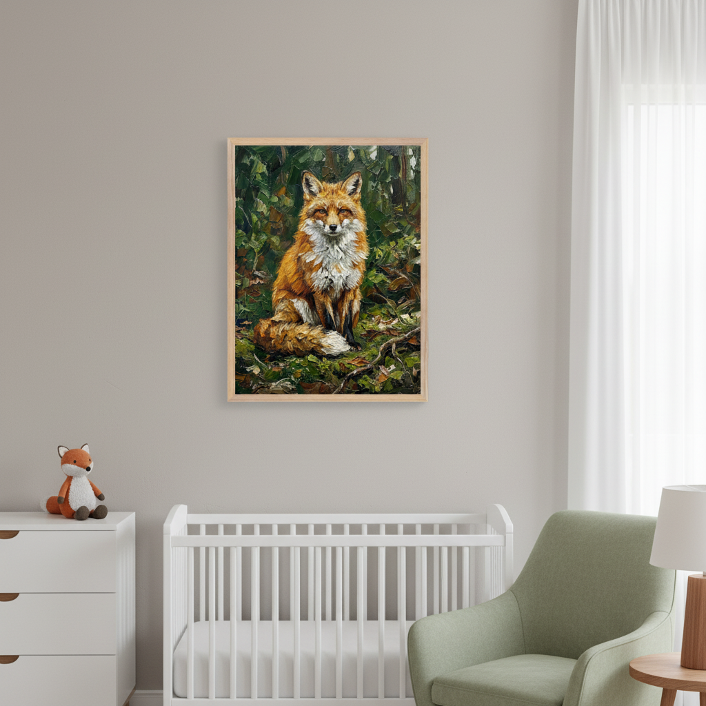 Modern nursery with a white crib, white dresser, and green armchair. A large framed textured painting of an orange and white fox sitting in a forest hangs on the gray wall above the crib.