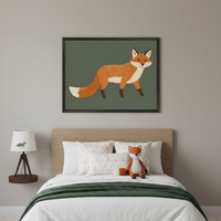 Modern kid's bedroom with a wooden bed. A large framed print of a cartoon-style orange fox on a dark green background hangs centered above the bed. A fox plush toy sits on the bed, and a lamp with a fox silhouette is on the floating nightstand.