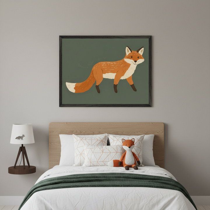 Modern kid's bedroom with a wooden bed. A large framed print of a cartoon-style orange fox on a dark green background hangs centered above the bed. A fox plush toy sits on the bed, and a lamp with a fox silhouette is on the floating nightstand.