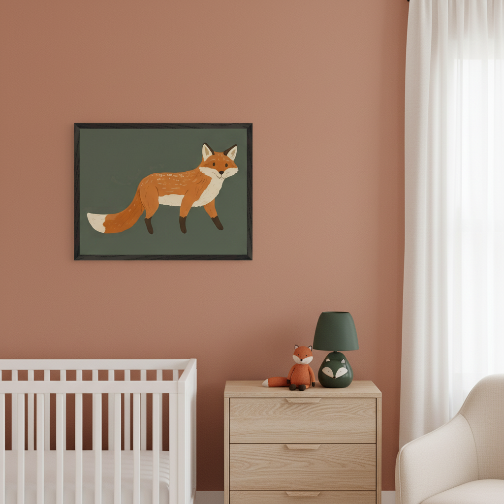 Modern nursery with terracotta walls. A framed cartoon print of a walking fox on a dark green background hangs above a white crib. A light wood dresser is to the right.