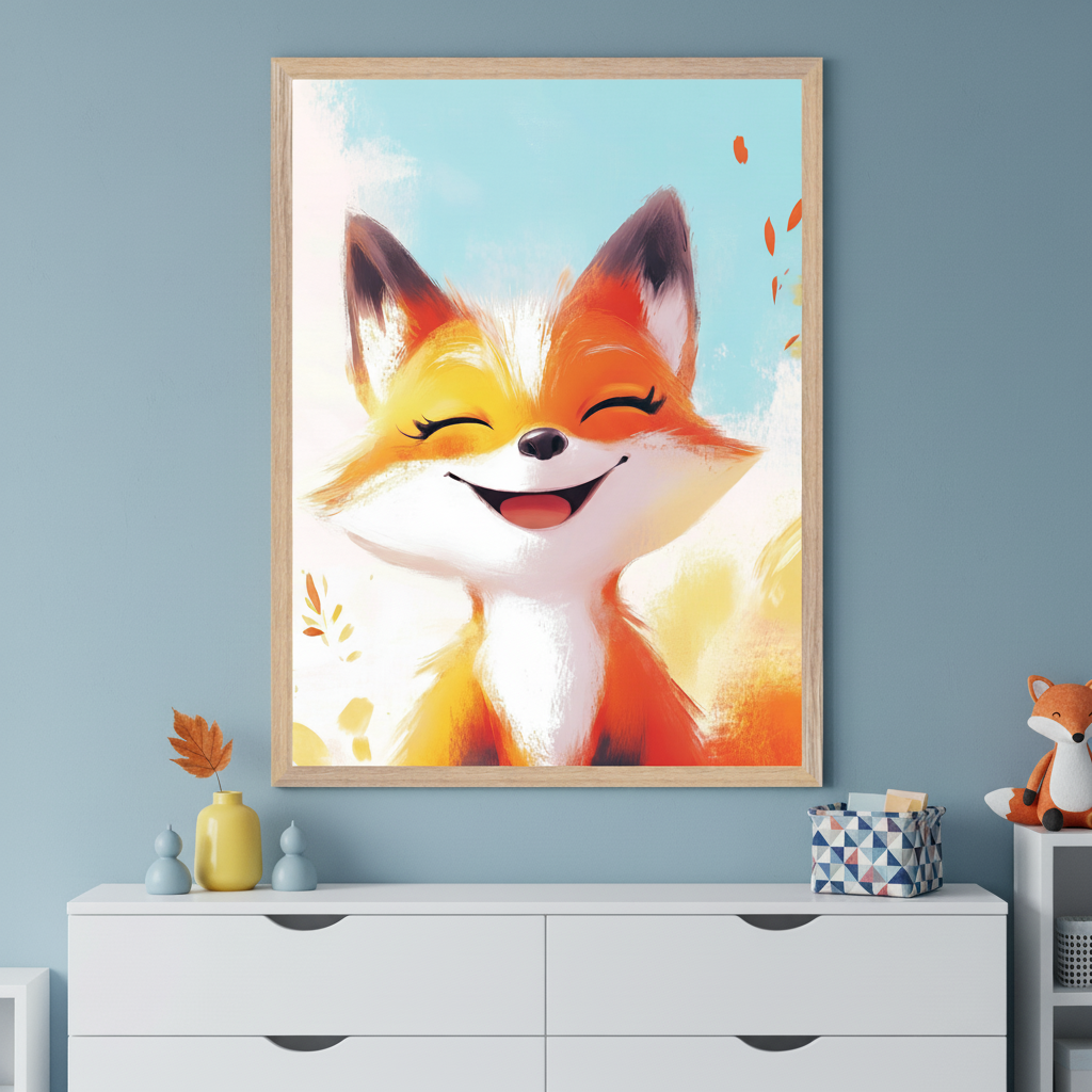 Kid's room with a light blue wall. A large framed illustration of a happy, smiling orange and white fox with closed eyes and autumn leaves hangs above a white six-drawer dresser. A fox plushie sits on a shelf to the right.