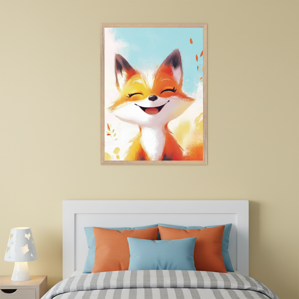 Bedroom with a white bed, striped duvet, and colorful pillows. A light wood nightstand with a star-cutout lamp is on the left. Above the bed hangs a framed painting of a happy, smiling orange and white cartoon fox with closed eyes, set against a light blue sky with autumn leaves.