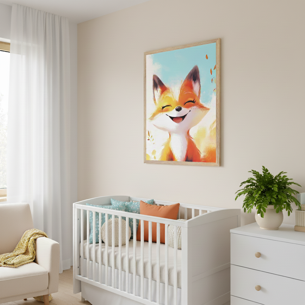 Modern nursery with a white crib, armchair, and dresser. Above the crib and dresser, a framed print shows a smiling orange and white fox in an illustrative style against a light blue sky background.