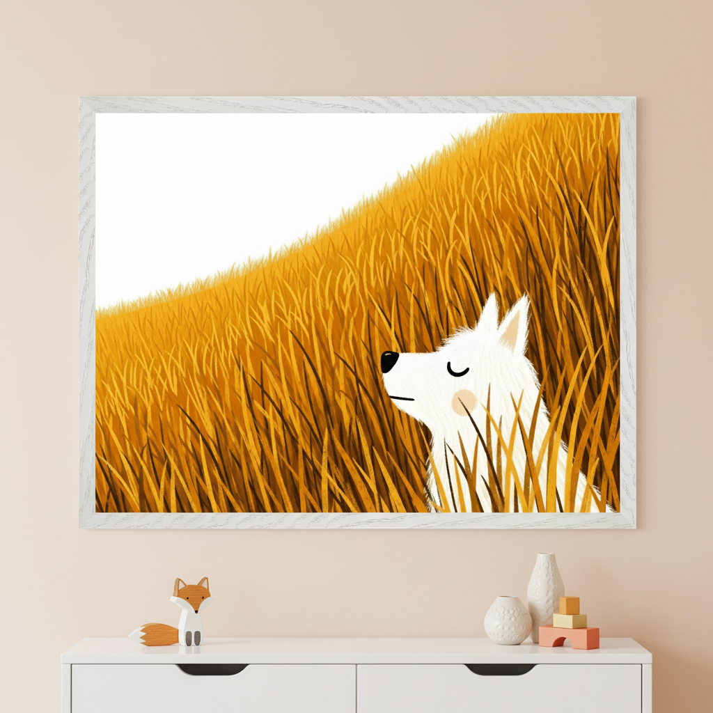 Modern kid's room with a white dresser. A large framed illustration of a white fox with closed eyes and rosy cheeks peeking from tall golden grass hangs centered above the dresser.