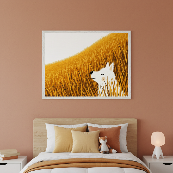 Modern nursery with a white crib and wood dresser. A framed print of a white fox peeking out of tall golden grass against a white sky hangs above the crib.