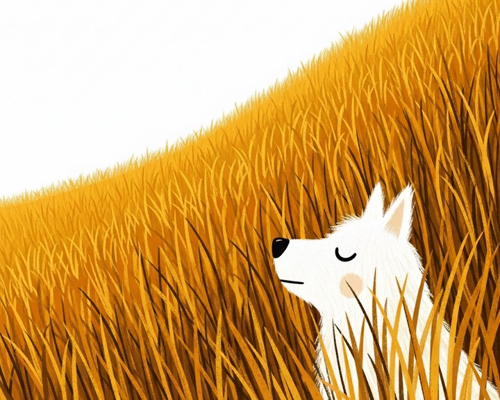 A white fox with closed eyes and a peaceful expression sits among tall, golden grass, blending into the warm, sunlit landscape.