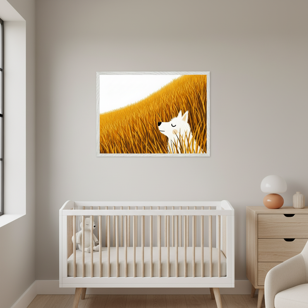 Kid's bedroom with terracotta walls. A wooden bed with white and orange bedding is centered. Above it hangs a large framed illustration of a white fox peeking from golden grass. A stuffed fox rests on the bed. White nightstands with books and a lamp flank the bed.