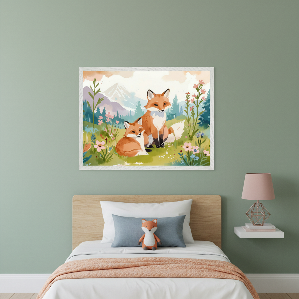 Kid's bedroom with a sage green wall and a light wood bed. A framed watercolor illustration of two foxes in a flowery meadow hangs centered above the bed. A fox plush is on the bed, and a floating shelf with a lamp is to the right.