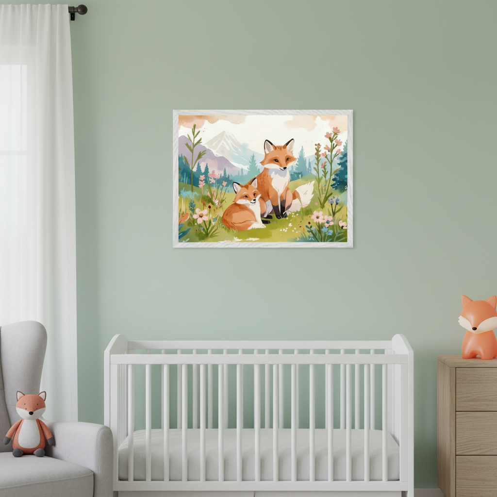 Modern nursery with a white crib, gray armchair, and wooden dresser. A framed watercolor illustration of two foxes in a flowery landscape with mountains hangs on the light green wall above the crib.