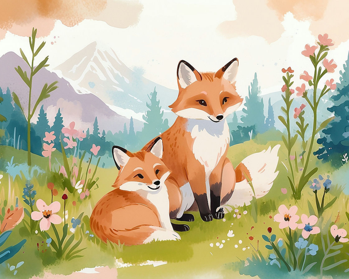 Two charming foxes are sitting in a vibrant meadow filled with colorful flowers and lush greenery, with majestic mountains in the background under a soft, cloudy sky.